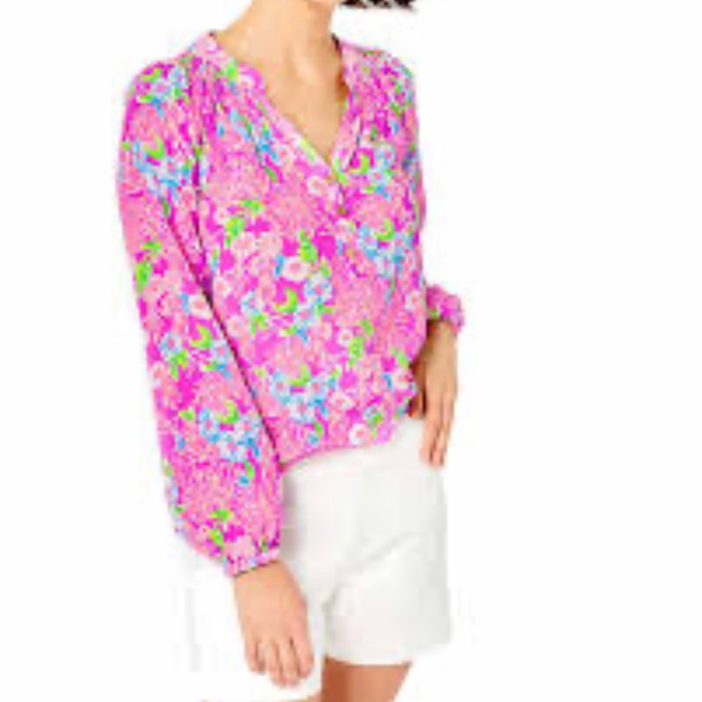 Lilly Pulitzer Elsa silk top “Amethyst Moms the Word” print EEUC - Picture 2 of 10